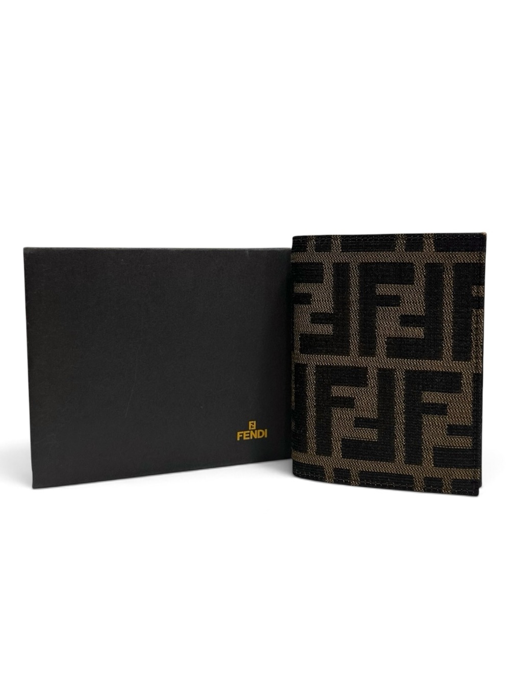 FENDI Zucca Canvas & Brown Leather Bifold Wallet Card Holder with Box